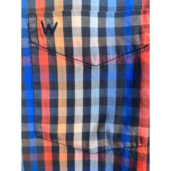 Wrangler Mens Large Short Sleeve Plaid Button Down Shirt Blue Orange - Picture 3 of 7